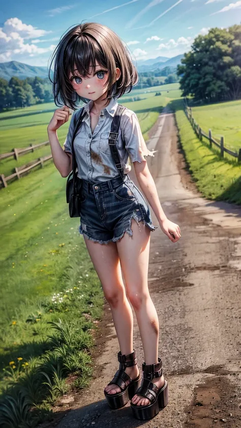 young country teen, tomboy, tall open-toed platform high heels, countryside, dirt road, short black hair, dirty, torn clothes