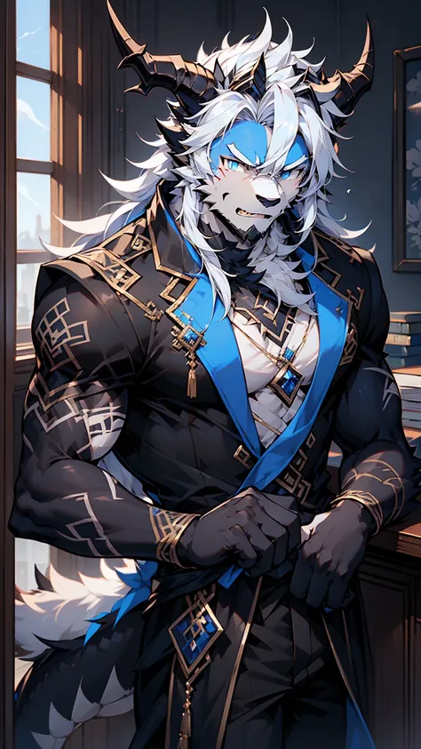 (masterpiece)，Very detailed，(best quality)，hairy，Wolf，male，Dragon Scale，black dragon horns，blue eyes，White hair，Black fur，尾巴hairy的，Blood in left eye，Hide in a corner，(Expression of fear)，Be honest and trustworthy，Handsome，8K，(high quality)