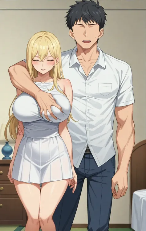 score_7_up, best quality, anime screencap, source_anime, 1boy, 1girl, black hair, blonde hair, bedroom, grabbing breast over shoulder, big breast