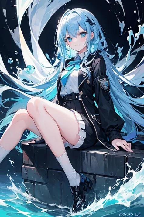 ((highest quality)), ((masterpiece)), ((Super detailed)), (And yet delicate and beautiful), girl, one person, Cold attitude,((Black jacket)),She and(relax)and(Calm)exterior,blue hair, Long Hair, Written boundary depth,Wicked Smile,bubble, In the water, Air...