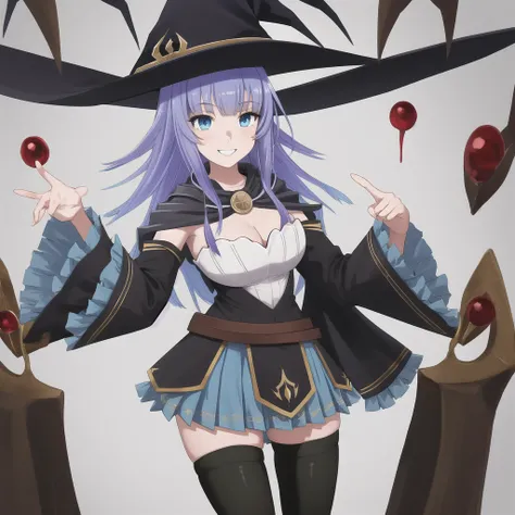 masterpiece, best quality, highres, 1girl, witch hat cape blue skirt black thighhighs boots detached sleeves wide sleeves smile, finger frame 