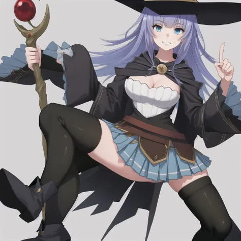 masterpiece, best quality, highres, 1girl, witch hat cape blue skirt black thighhighs boots detached sleeves wide sleeves smile,...