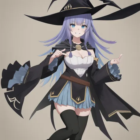 masterpiece, best quality, highres, 1girl, witch hat cape blue skirt black thighhighs boots detached sleeves wide sleeves smile,...