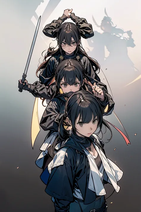 three girls, line up vertically, hold the first sword, hold the second gun, raise the third fist