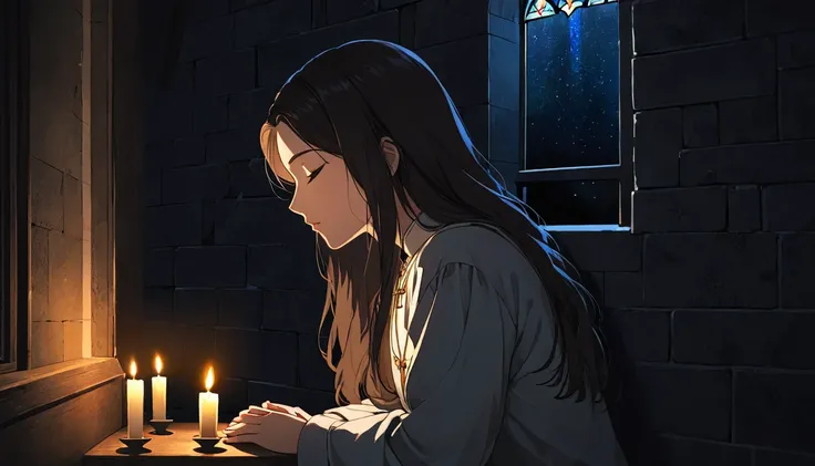 High definition animation. A girl is kneeling in a slightly dark church. The girl is praying with her eyes closed and looking at Jesus hanging on the lonely wall. One window. Candlelight, half-body shot of girl, side view. Light from the window illuminates...