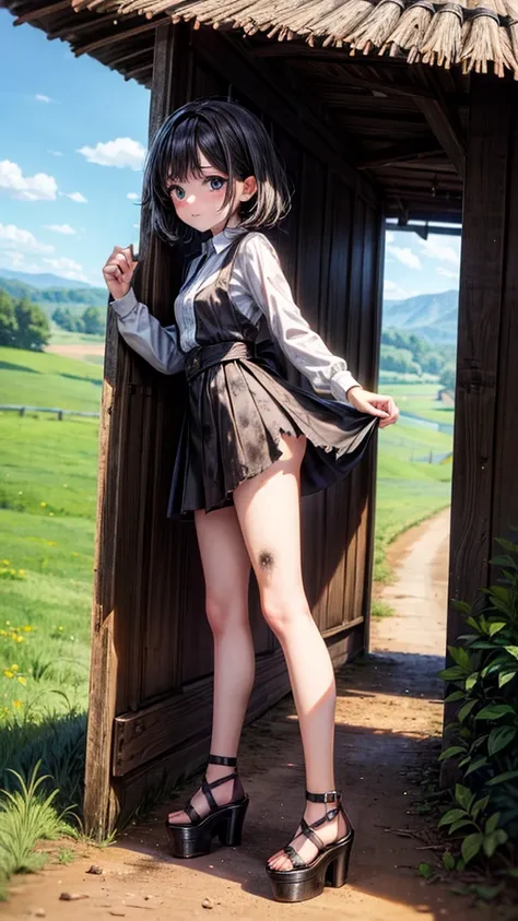 young country teen, tomboy, ((tall open-toed platform high heels)), countryside, dirt road, short black hair, dirty, torn clothes