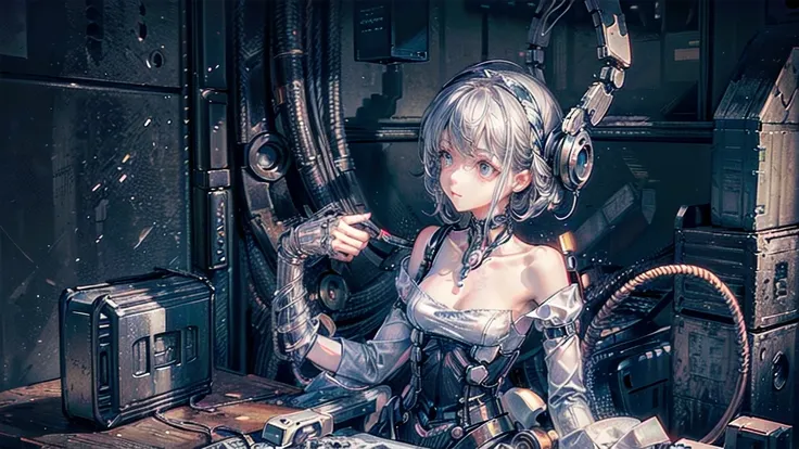 (((masterpiece))), (((Highest quality))), ((Very detailed)), (Highly detailed CG illustrations), ((Very delicate and beautiful)),(Cute and delicate face),Light,((1. Machine Girl)),alone,whole body,(Machine made joints:1.4),((Mechanical Limbs)),(Muscle swel...