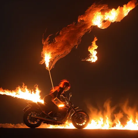 Chinese beautiful girl, floating fiery hair, ridding chopper motorbike, emitting sacred flame