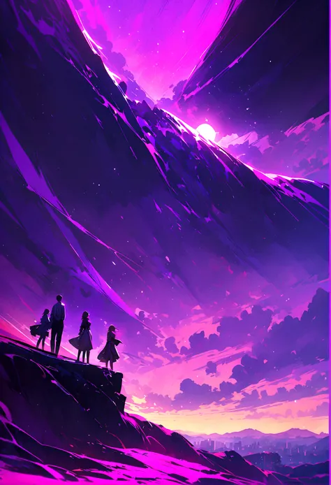 Two people talking on top of a purple mountain