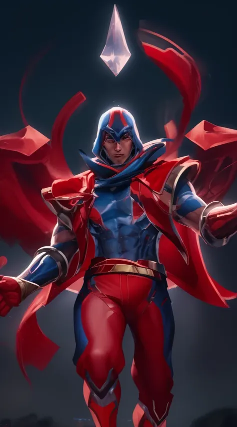 superhero, muscular male, flying, cape, iconic red and blue costume, detailed facial features, intense expression, dramatic ligh...