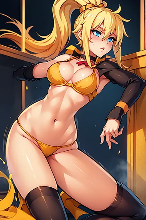 Darkness from KonoSuba, hot horny and sexy blonde muscle girl, athletic female body, yellow-orange bra and panties, stockings, choker