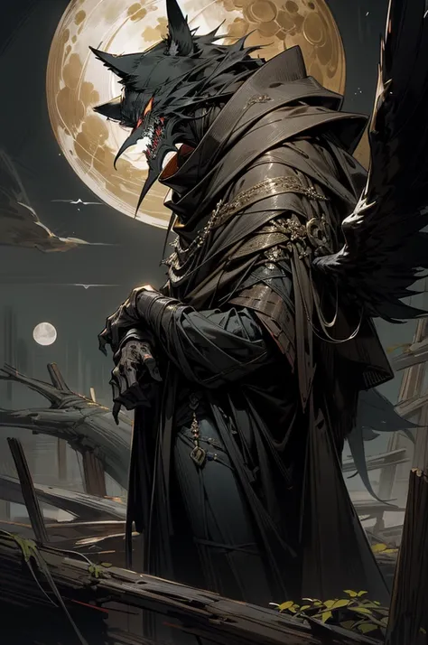 masterpiece,best quality,dynamic scene,super fine illustration,Super detailed,beautiful background(full moon,Dead Wood),horror style,Black cloak,wolf face,Beastman,hunter,perfect hands,perfect face,cool,Jet-black wings,