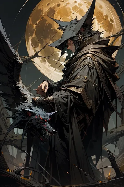 masterpiece,best quality,dynamic scene,super fine illustration,Super detailed,beautiful background(full moon,Dead Wood),horror style,Black cloak,wolf face,Beastman,hunter,perfect hands,perfect face,cool,Jet-black wings,