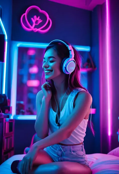 image of a beautiful girl with a beautiful smile and closed eyes sitting in the lotus position on the bed inside an apartment bedroom with pink and blue neon lights and a window that shows buildings outside, She wears headphones over her ears and is facing...