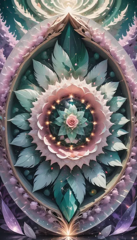 Large geometric shapes, Mandala Sacral Geometry Made of Lilac Petals, Hypnotize, performer, Golden ratio in the center of the image, Flying over a landscape made of Swarovski fractal crystals, 輝くmosaic模様, Centered, Sharp focus, Perfect composition, dynamic...