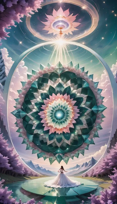 Large geometric shapes, Mandala Sacral Geometry Made of Lilac Petals, Hypnotize, performer, Golden ratio in the center of the image, Flying over a landscape made of Swarovski fractal crystals, 輝くmosaic模様, Centered, Sharp focus, Perfect composition, dynamic...