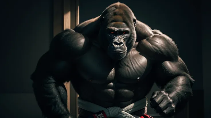 A captivating image of a powerful Gorilla adorned in a black Gi of Japanese Jiu-Jitsu, showcasing his black belt status. The scene is set in a dimly lit room, accentuating the Gorillas muscular physique and the shiny, almost glossy texture of his fur. The ...