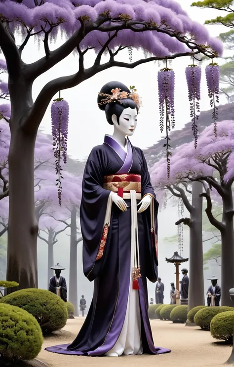 A masterpiece, high-quality (1.2) illustration of Ashikaga Flower Park, a beautiful park known for its flowers, especially the wisteria that attract many tourists in spring. In the scene, there is a black, hard, otherworldly humanoid figure with a large he...