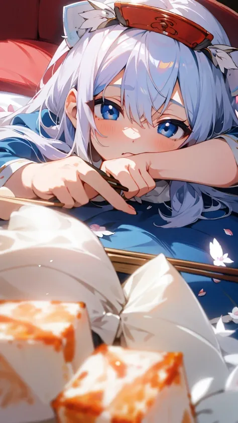 （Highest quality，masterpiece，Surreal），Silver Hair、blue eyes、Lying on the futon、Eat katsudon、looks delicious、Holding chopsticks in your right hand、Beautiful and delicate girl portrait，Playful and cute，Background Petals fluttering，