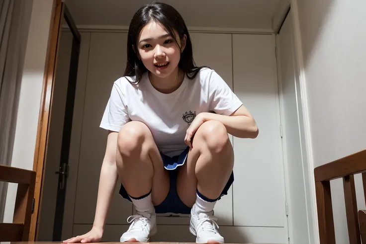 Squatting,from the front, {{{Showing panties:2.0}}},Pay attention to the panties,School Shirt,, Wide-angle
 ,(Masseter muscle area, Highest quality),Absurd, (Three Girls),Squat,eight-headed body, School locker room, mini skirt,, Pleated skirt,Dark blue Ple...