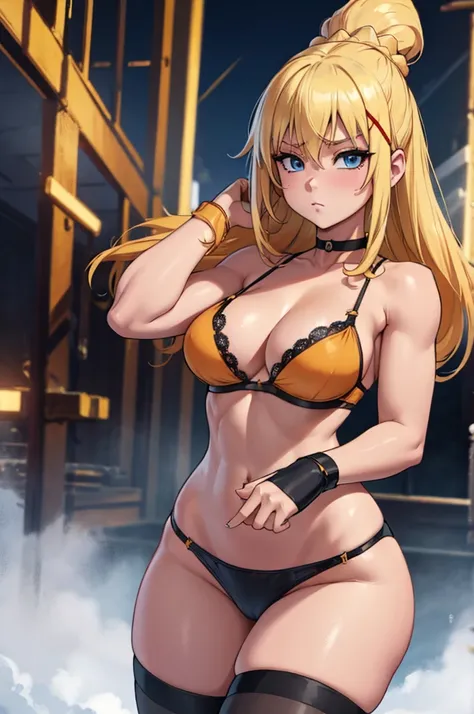 Darkness from KonoSuba, hot horny and sexy blonde muscle girl, athletic female body, yellow-orange bra and panties, stockings, choker