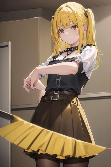 Mass Manager, Stop 4, Twin tails, (Brown eyes:1.5), (Yellow Hair:1.5), Side Lock, Long Hair,
break skirt, pantyhose, No sleeve, belt, cross, Frilled Skirt, Gothic, collar, spiked collar,
break indoors, bed,
break looking at viewer, (Cowboy Shot:1.5),
break...