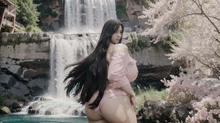 My big gorgeous 2 wifes POV from behind the shoulder in transparent pink loose blouse,clean skin,long black hair flowen hairstyle,pink lips(waterfall scenary)