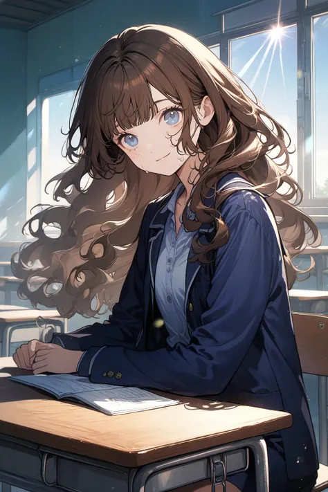 1 girl, CuteStyle, upper body, blue eyes, brown hair, long hair with bangs, dressed in a dark blue dress, dressed in a dark blue jacket unbuttoned, school dress, at school, windows, sitting at a desk, sweat on her face, day, light, rays of the sun, detaile...