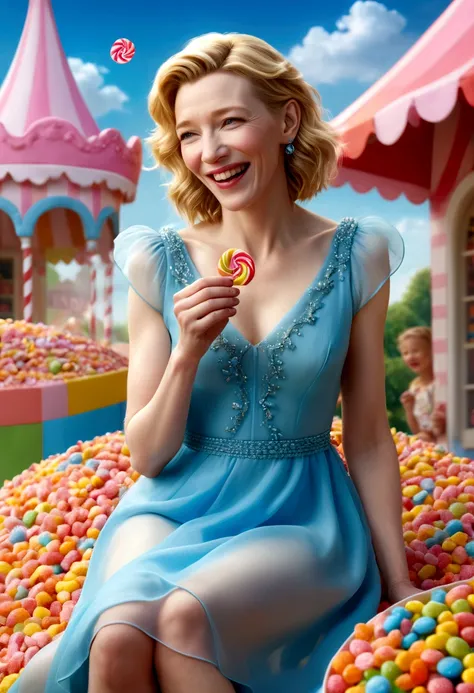 a lovely woman, cate blanchett, sheer summer dress, bare feet, candyland, happily taking bite of candy, happy sky, (best quality,4k,8k,highres,masterpiece:1.2),ultra-detailed,(realistic,photorealistic,photo-realistic:1.37),HDR,UHD,studio lighting,ultra-fin...