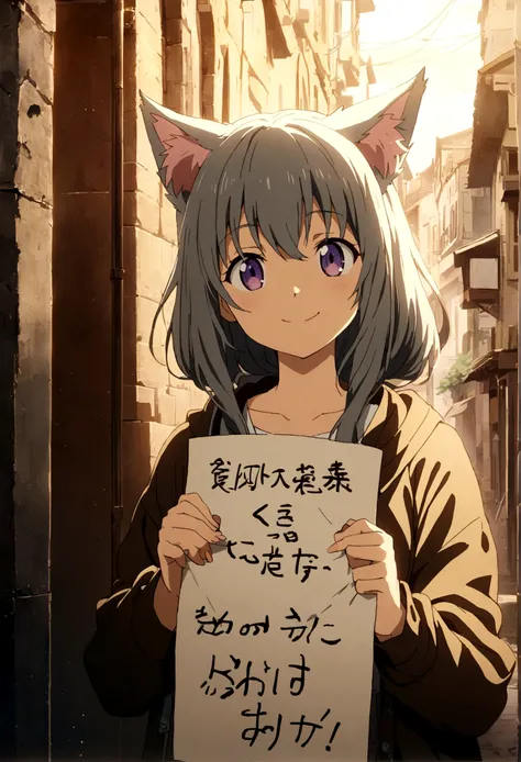 Detailed,  anime,  girl,  short,  cat girl,  smile, holding a paper-"you are shit"