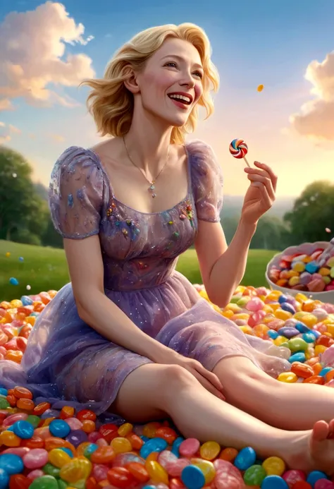 a lovely woman, cate blanchett, sheer summer dress, bare feet, candyland, happily taking bite of candy, happy sky, (best quality,4k,8k,highres,masterpiece:1.2),ultra-detailed,(realistic,photorealistic,photo-realistic:1.37),HDR,UHD,studio lighting,ultra-fin...