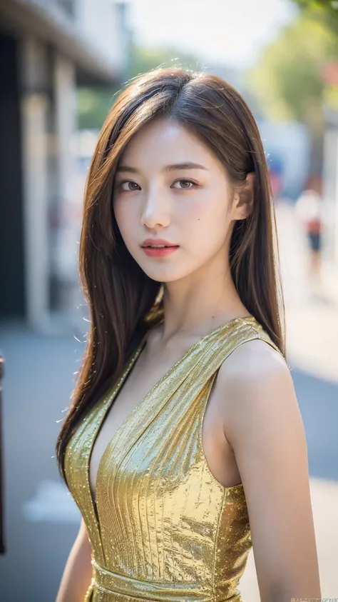 ((Best quality, 8K, masterpiece:1.3))，1girl，18 years old，Asian，Real texture:1.3，(Background blur:1.3)，Gorgeous long dress，Tall and slender figure:1.2，(Hot summer weather)，（street:1.3），Highly detailed face and skin textures，Exquisite eyes，Long eyelashes，Dou...