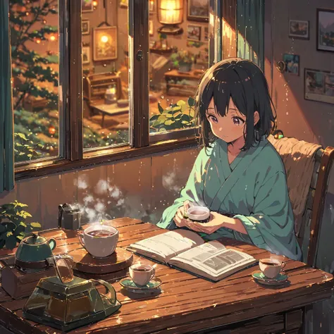 ((anime:1.4,illustration)),(masterpiece, top quality, best quality),(ultra-detailed, absolutely resolution),((16k, high res)), (((cozy scene of a person reading on a rainy day. Show them sitting in a comfortable chair or on a couch with a book, surrounded ...