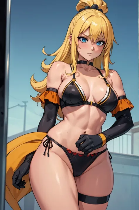 Darkness from KonoSuba, hot horny and sexy blonde muscle girl, athletic female body, yellow-orange bra and panties, stockings, choker