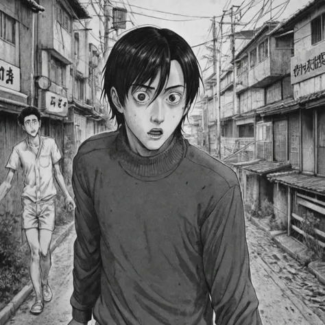 running very fast, (anime), bizarre scenario, Junji Ito, Yusuke Murata, black and white, 8k, anime, horror