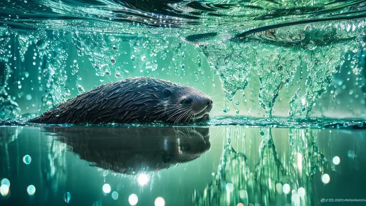 Create a digital artwork featuring a dew-covered otter with a highly detailed, reflective water droplet that contains an entire world within it, showcasing the concept of macro photography and surrealism.