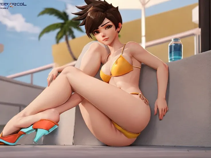 Tracer from overwatch is wearing a slutty bikini and posing for a porn. yellow open-toed heels, visible feet, highly detailed feet, spread legs, sexy pose, front view, blushing, freckles, looking at viewer, small breasts,