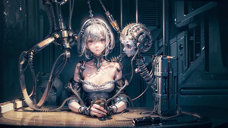 (((masterpiece))), (((Highest quality))), ((Very detailed)), (Highly detailed CG illustrations), ((Very delicate and beautiful)),(Cute and delicate face),Light,((1. Machine Girl)),alone,whole body,(Machine made joints:1.4),((Mechanical Limbs)),(Muscle swel...