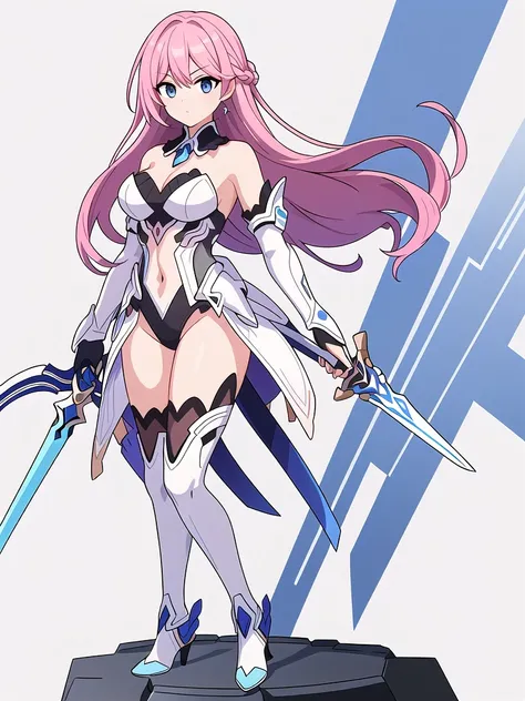 (((Best Quality))) , ((full body)), An adult female, (((white background))), variety of hairstyles, variety of design, gauntlets, leotard, body stocking, (cropped shoulders), sword, holding sword, gloves, stand posture, ((skyblue theme costume)), pink hair...