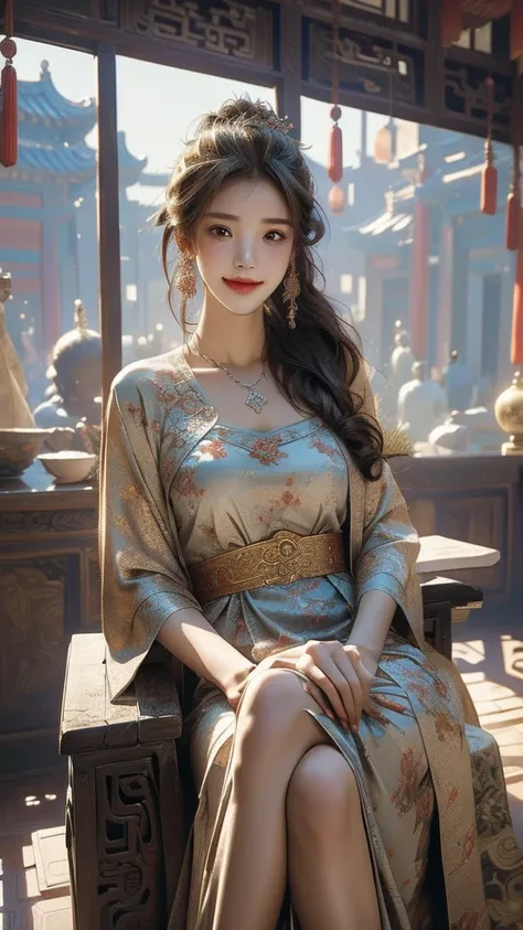 masterpiece, best quality, 1girl, solo focus, chinese style, ancient room,indoors, on chair,  china dress, crossed legs, light smile