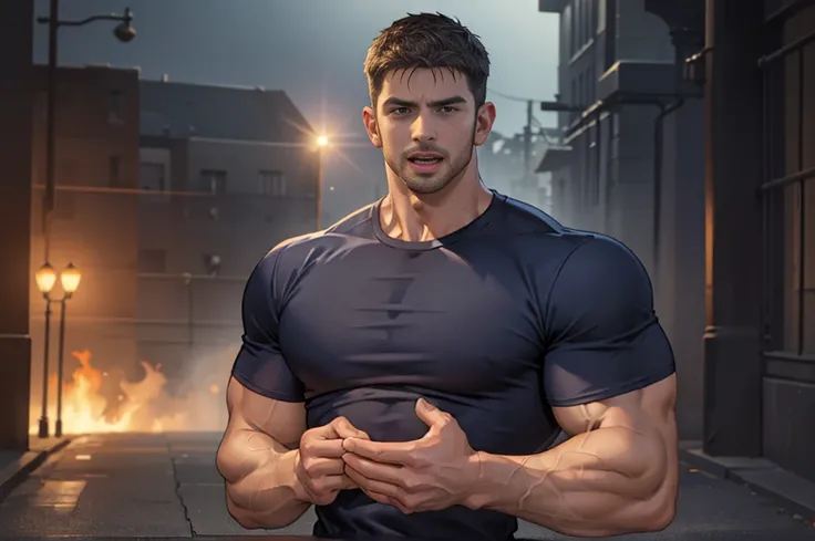 (Create a masterpiece: 1.2),(CGI art:1.3),(realistic:1.5),(After processing:1.3),(Sharp focus:1.3),1 man , straight, front ,Chris Redfield , smile, (round neck T-shirt:1.2) ,Wear color navy round neck T-shirt with a police badge: 1.4), Navy blue jeans, Kor...