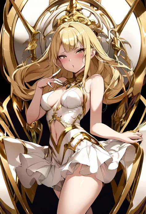 girl anime style short white and gold skirt seductive pose medium sized breasts blonde long hair flushed cheeks 