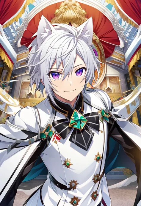 Hyakuya Yuuichiro (AKB0048 Next Stage), (short hair), (silvery white hair), (bejeweled eyes), (purple eyes), (cat ears):1.2, white costume, smiling mischievously, cape, ((ultra-detailed)), ((illustration)), (neat hair)), (beautiful detailed eyes), male, 1b...