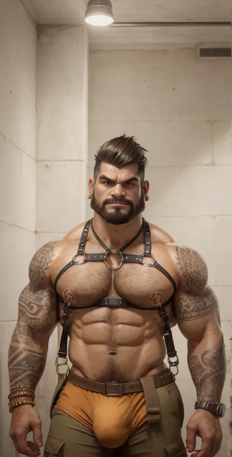 Latino chavalpha, 20 years old, short hair, men, hairy, hairyalpha, BeardAlpha, wearing fancy suit, wearing tribal tattoos, tight uniform, open shirt, wearing a pectoral harness, oversized pectorals, heavy pectorals, oversized bulge, intimidating, smirking...