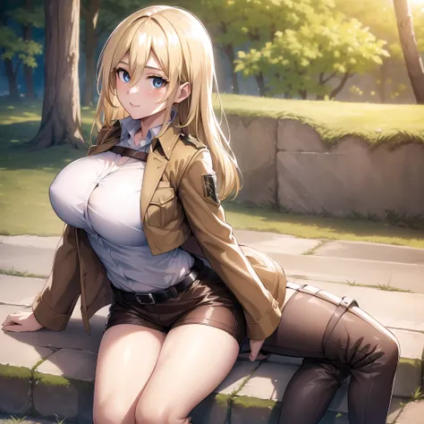 (day:1.7), Forest background,
sitting on the floor,
brown jacket,long sleeves,thigh strap,white shirt, military uniform,belt, Black_pencil_skirt,
thigh strap, thighs,
blonde hair,blue eyes,bangs, Long_hair,(hair between eyes:1.3),
1 girl, 20yo,mature femal...