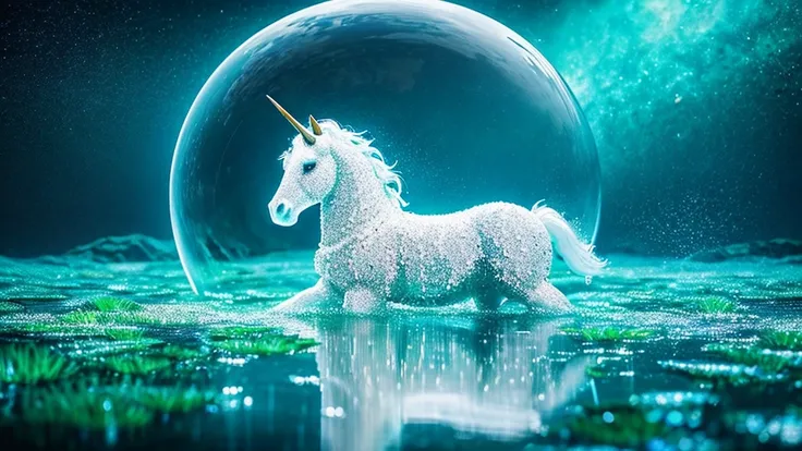 Create a digital artwork featuring a dew-covered unicorn with a highly detailed, reflective water droplet that contains an entire world within it, showcasing the concept of macro photography and surrealism.