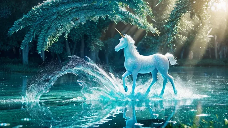 Create a digital artwork featuring a dew-covered unicorn with a highly detailed, reflective water droplet that contains an entire world within it, showcasing the concept of macro photography and surrealism.