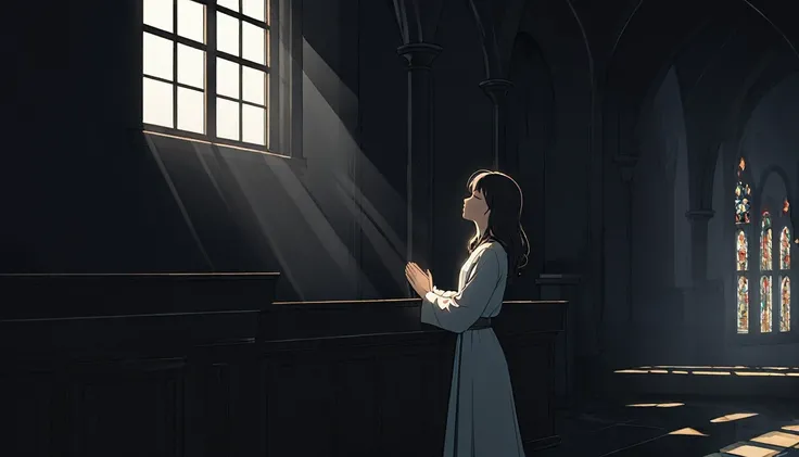 High definition animation. A girl is kneeling in a slightly dark church. The girl closes her eyes, sees Jesus hanging on the wall, and prays with her hands together. One window. A half-body shot of a girl, side view. Light from the window illuminates the g...