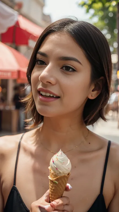 a  delicious cone ice- cream in a hand ,in frame 