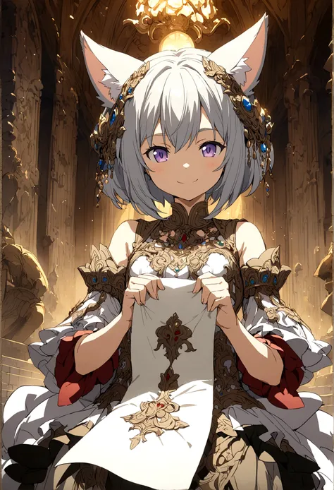 Detailed,  anime,  girl,  short height,  cat girl,  smile, holding a paper with both hands-"you are shit", fantasy